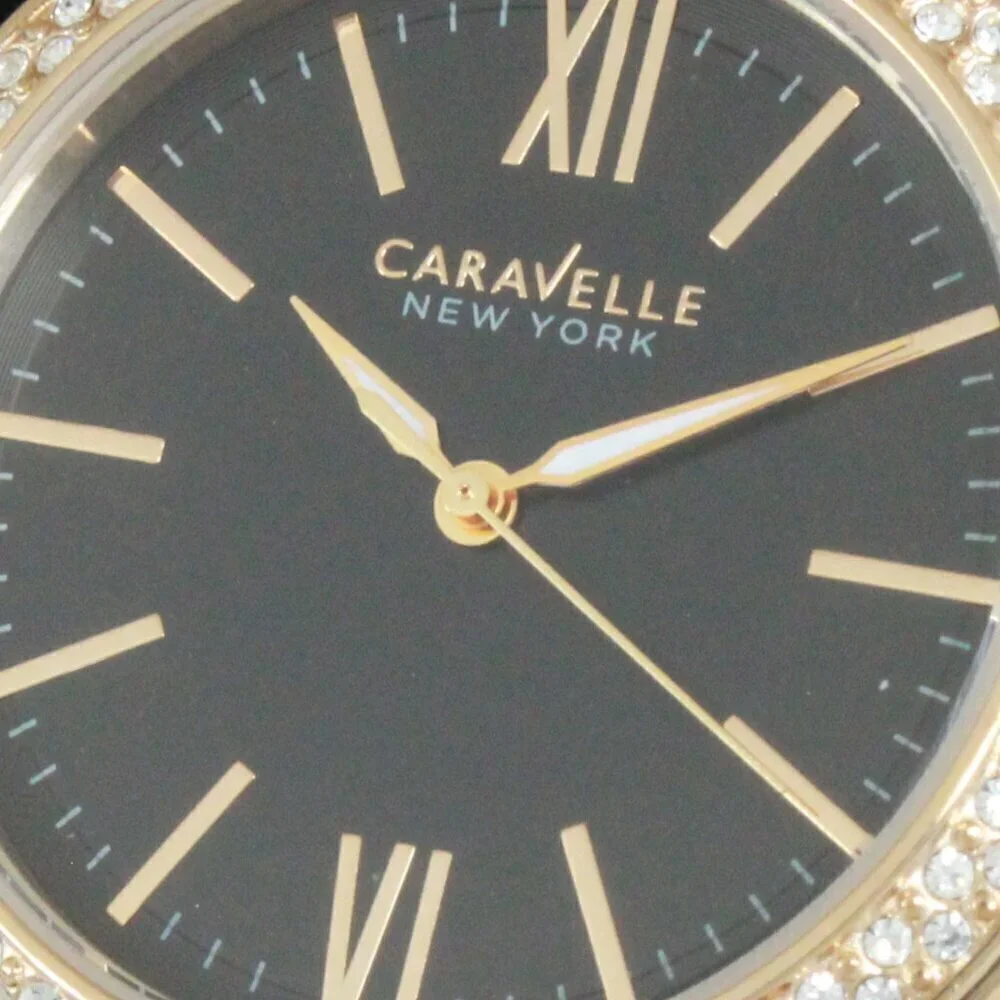 Caravelle New York Ladies Casual Watch Swarovski Crystal Bezel Gold Tone 37mm